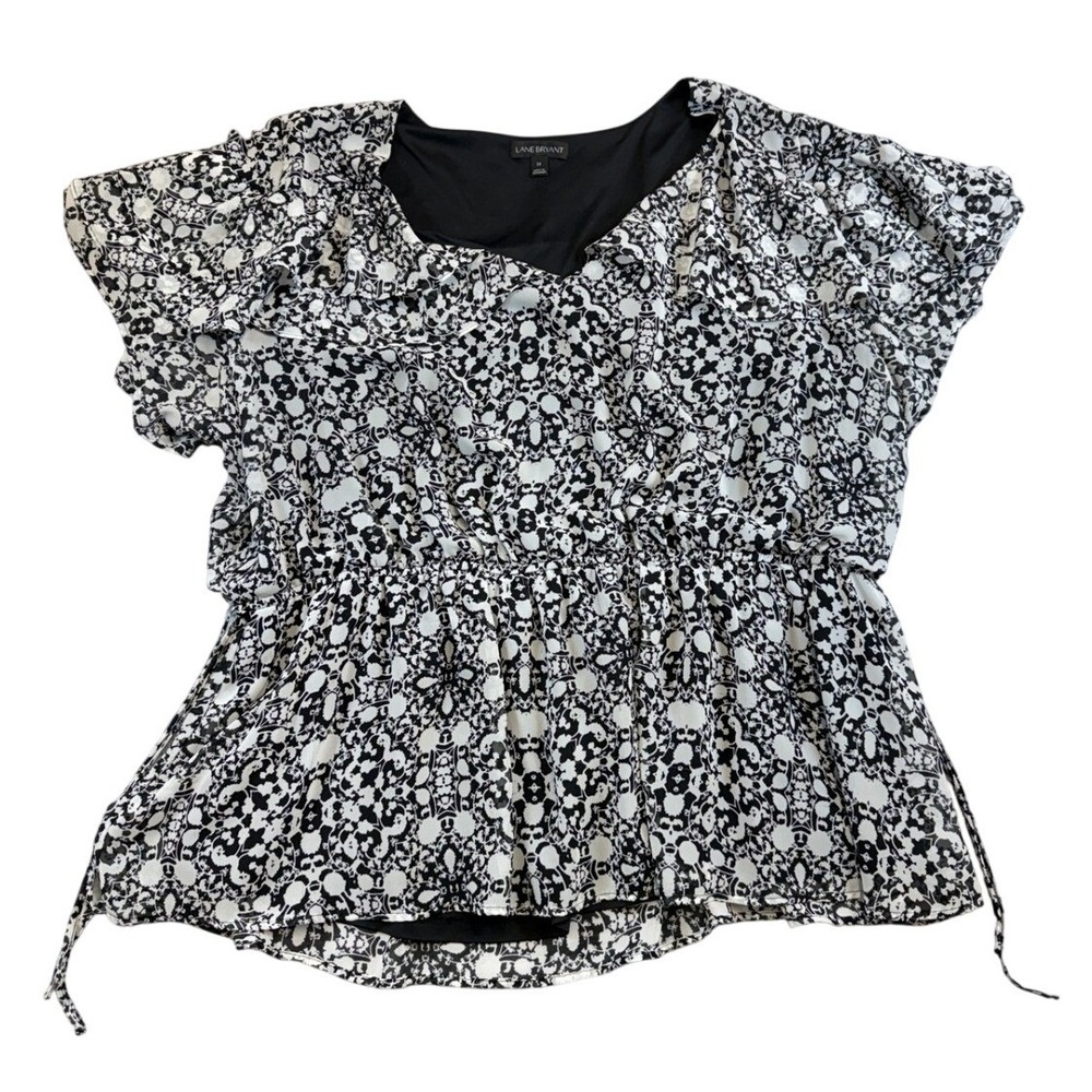Lane Bryant‎ Black White Damask Peplum Blouse Flutter Sleeve Plus Size 24 Top